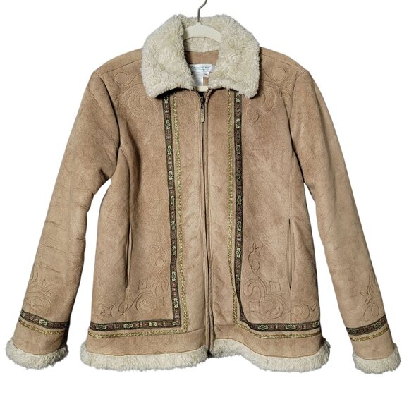 VTG Coldwater Creek Tan Faux Suede Sherpa Lined Boho Embroidered Jacket Small - Picture 1 of 13